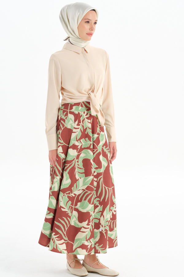 Patterned Pleated Detail Skirt - Green