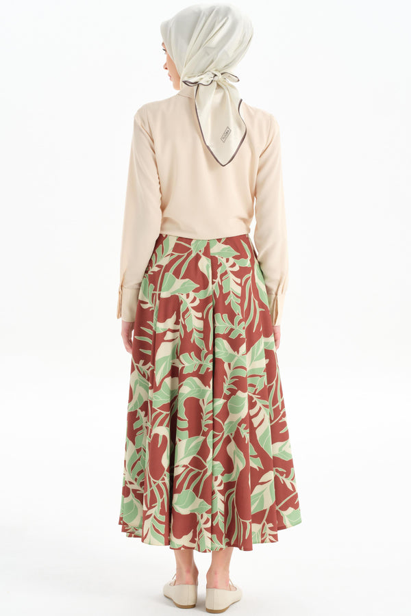 Patterned Pleated Detail Skirt - Green