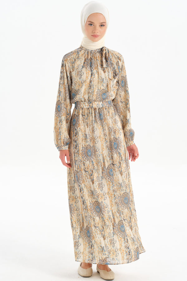 Patterned Chiffon Dress - Camel