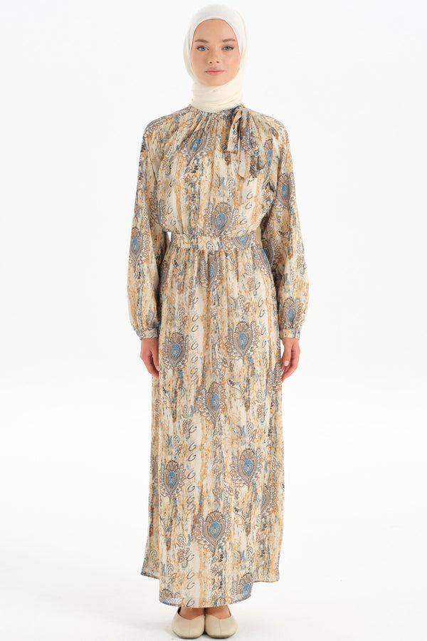 Patterned Chiffon Dress - Camel