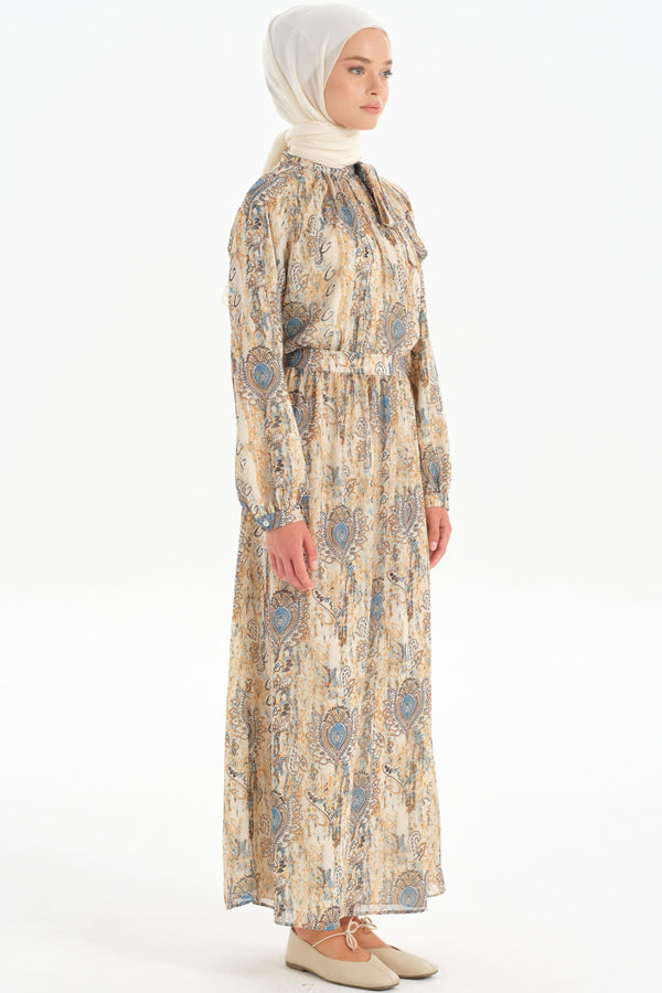 Patterned Chiffon Dress - Camel