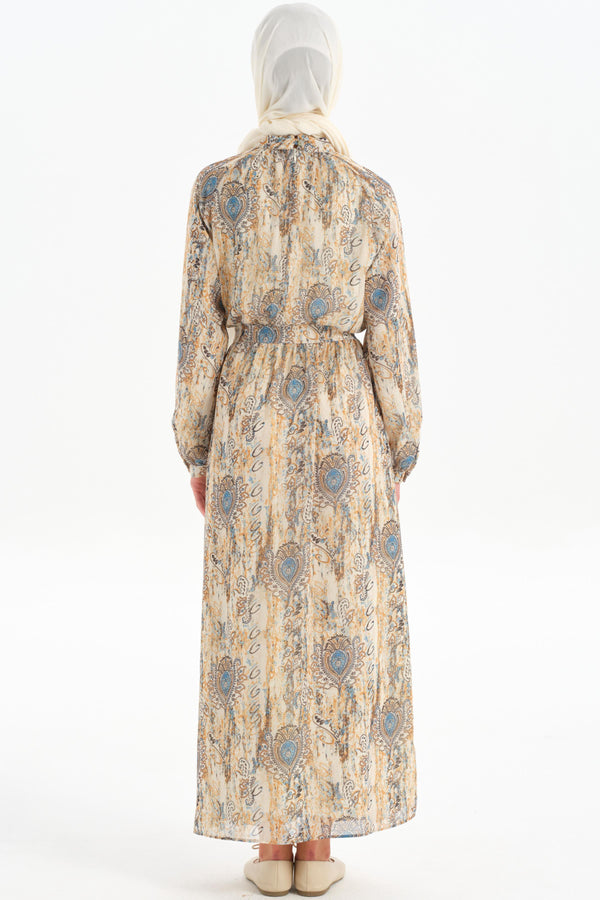 Patterned Chiffon Dress - Camel