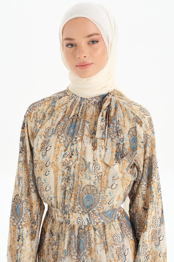 Patterned Chiffon Dress - Camel