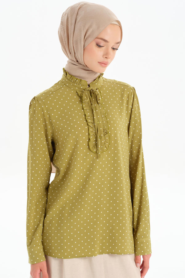 Ruffle Detailed Polka Dot Blouse - Olive