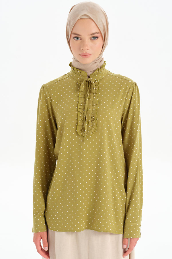 Ruffle Detailed Polka Dot Blouse - Olive