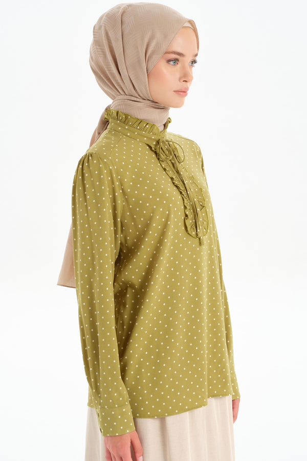 Ruffle Detailed Polka Dot Blouse - Olive