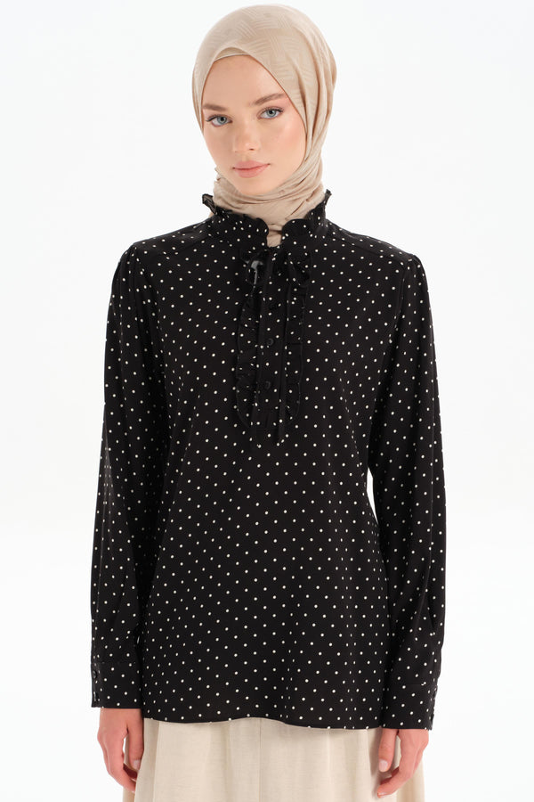 Ruffle Detailed Polka Dot Blouse - Black