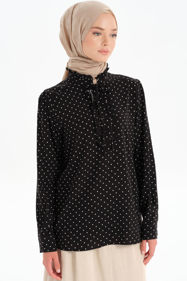 Ruffle Detailed Polka Dot Blouse - Black