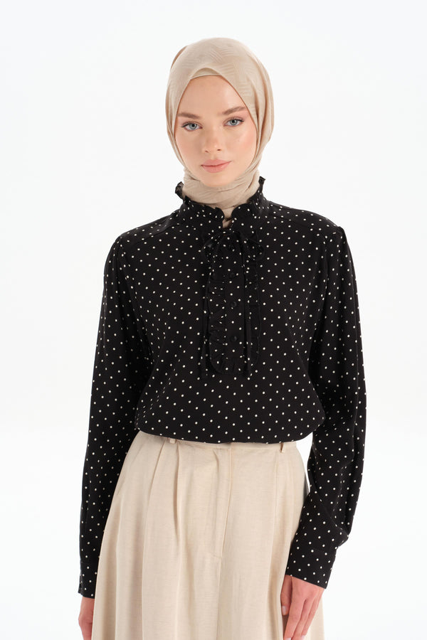 Ruffle Detailed Polka Dot Blouse - Black