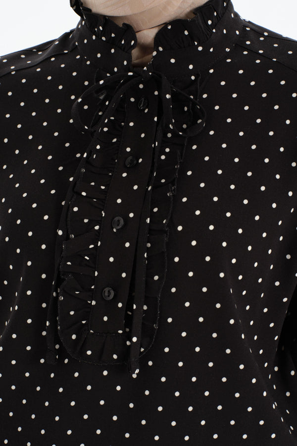 Ruffle Detailed Polka Dot Blouse - Black