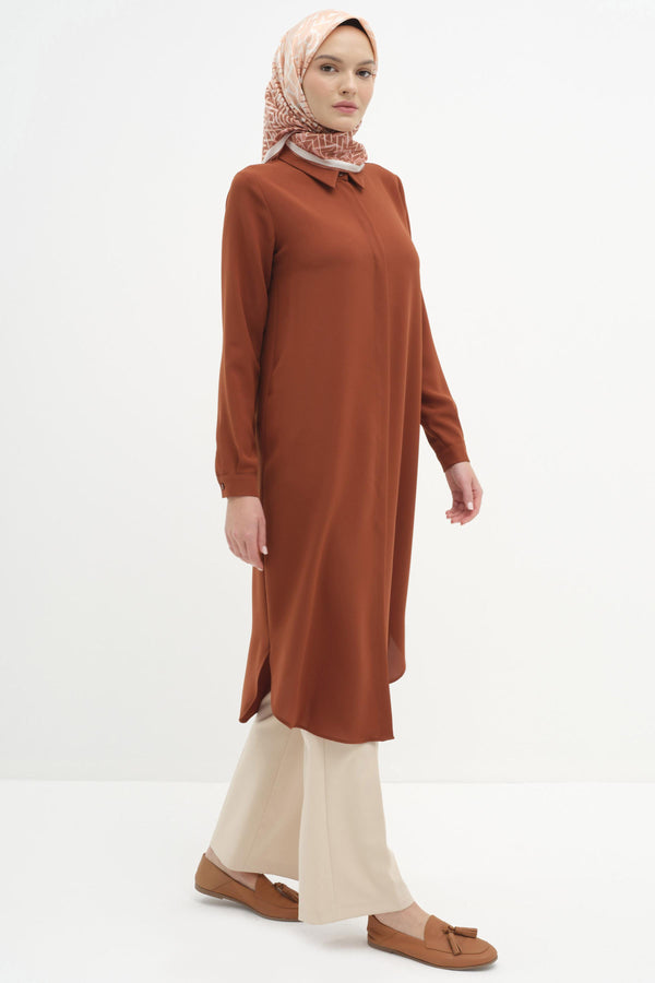 Gizli Patlı Basic Tunik - Kahve