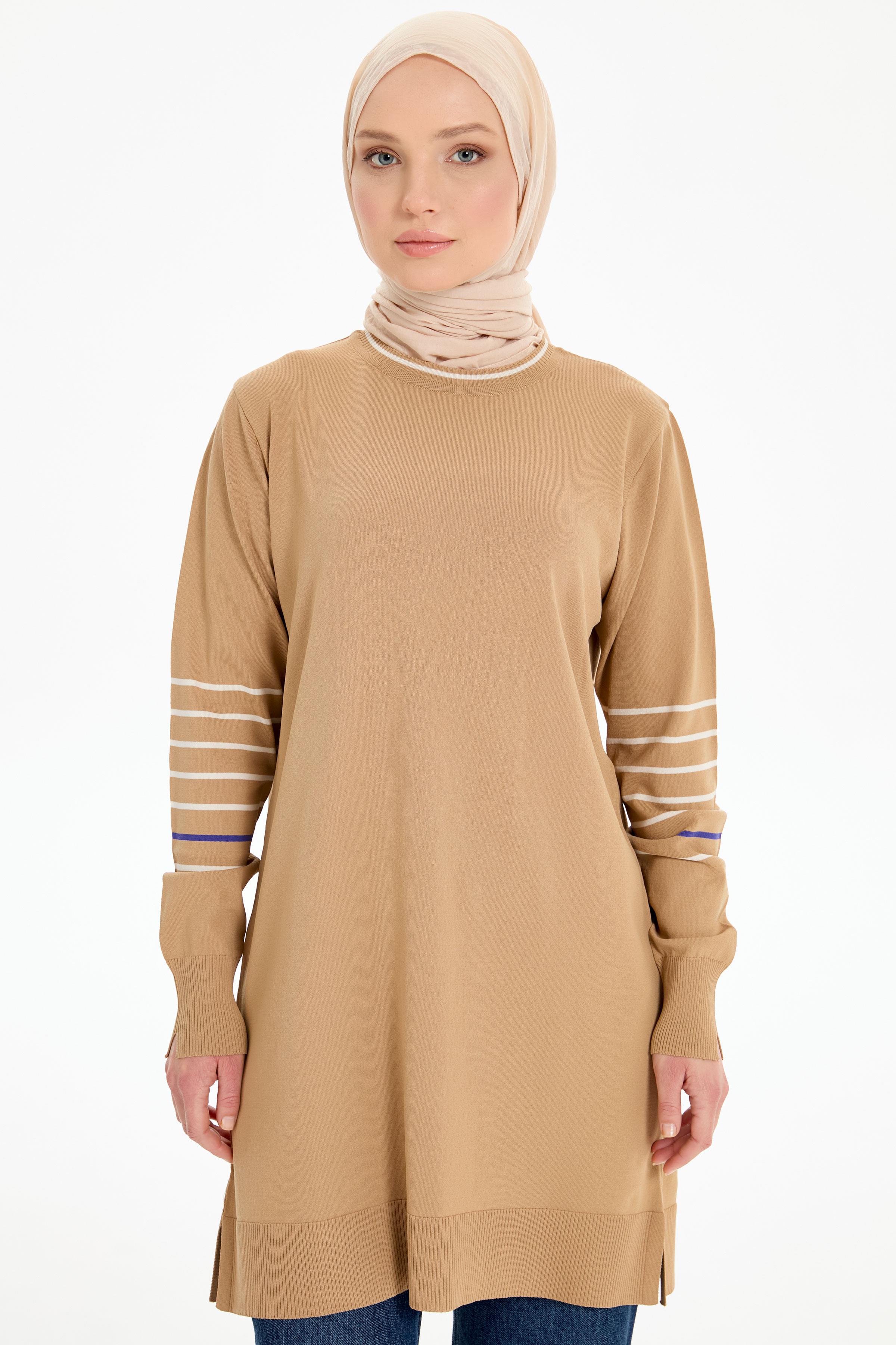 Kolları Çizgili Rayon Tunik - Bej TUĞBA