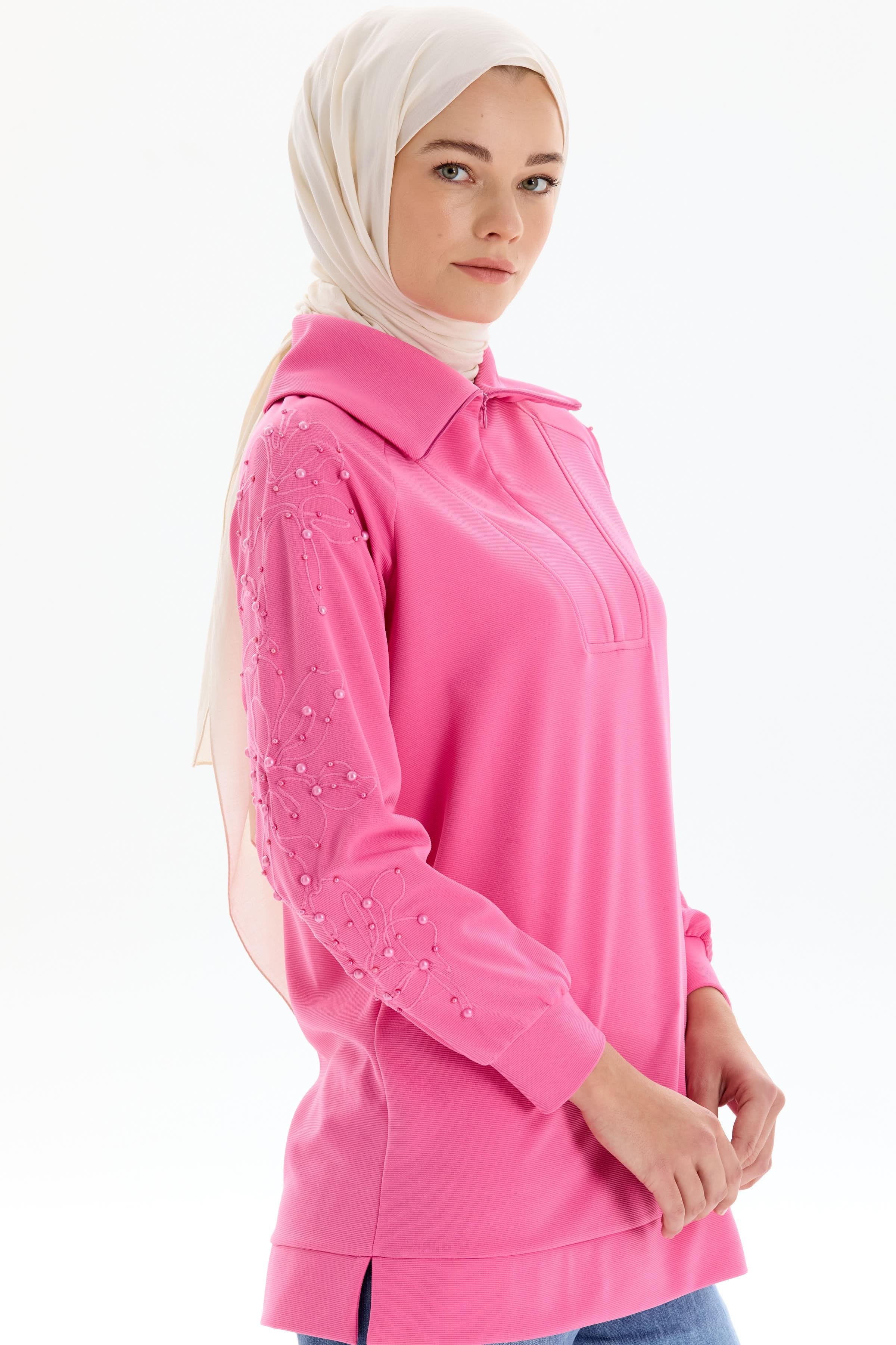 Kolları Nakış İşlemeli Örme Sweat - Pembe TUĞBA