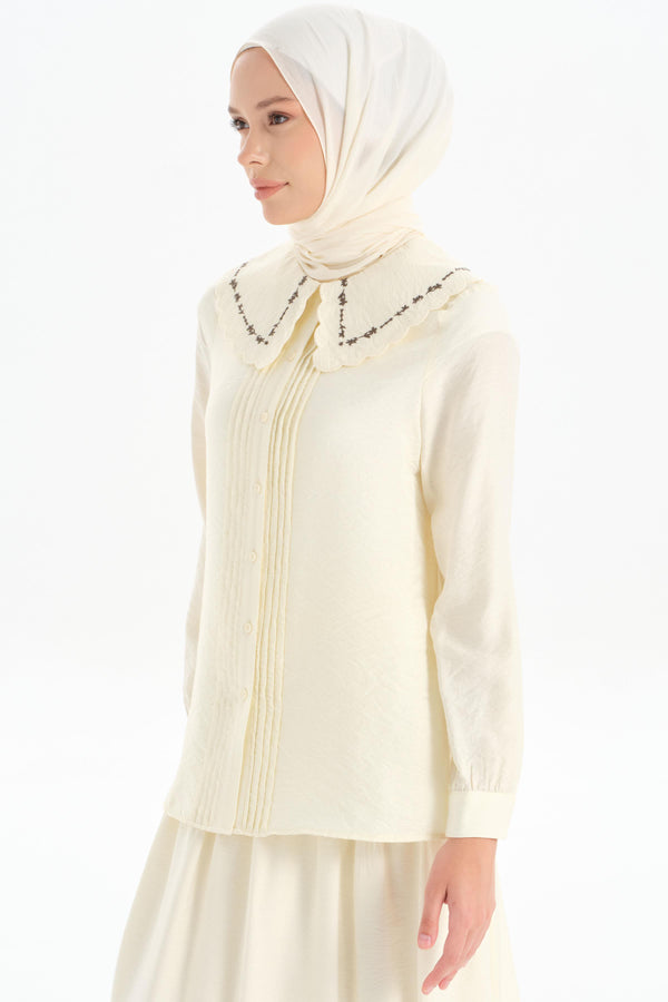 Embroidered Collar Detailed Shirt - Ecru