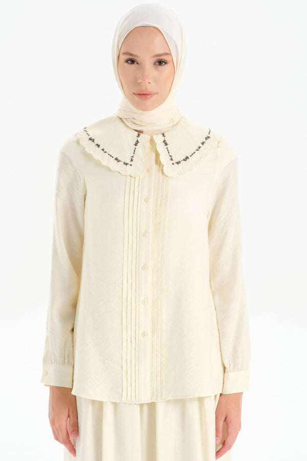 Embroidered Collar Detailed Shirt - Ecru