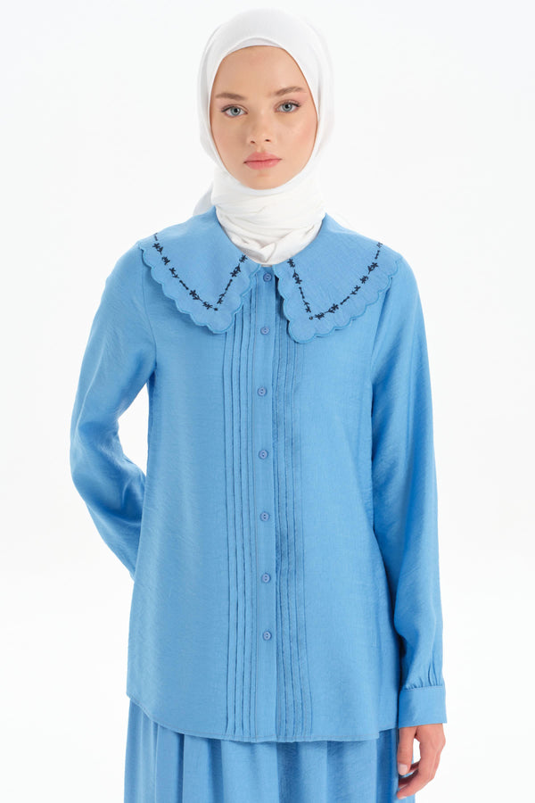 Embroidered Collar Detailed Shirt - Blue