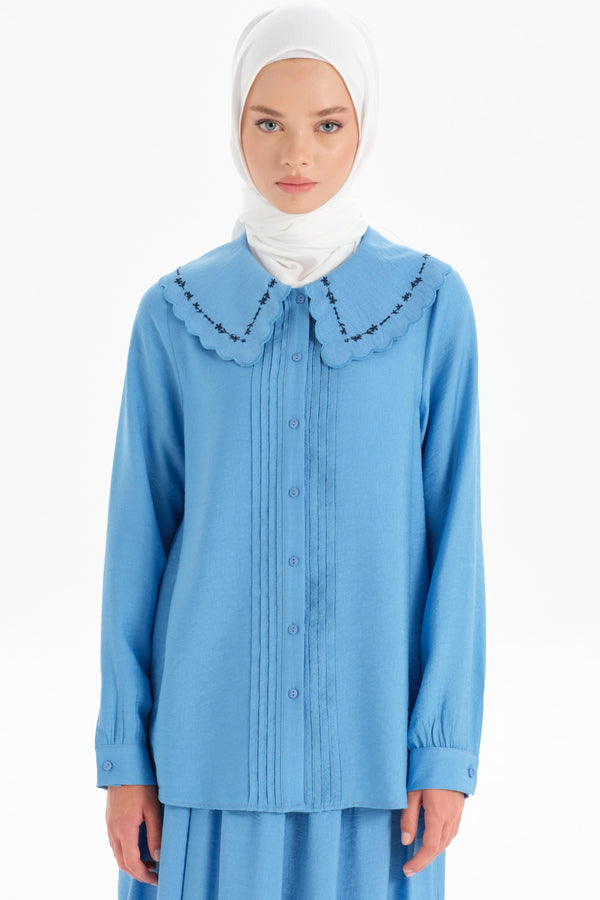 Embroidered Collar Detailed Shirt - Blue