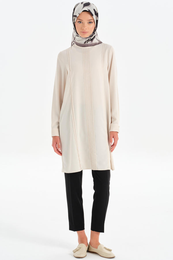 Tunic with Ribbed Stone Stripe Detail - Beige