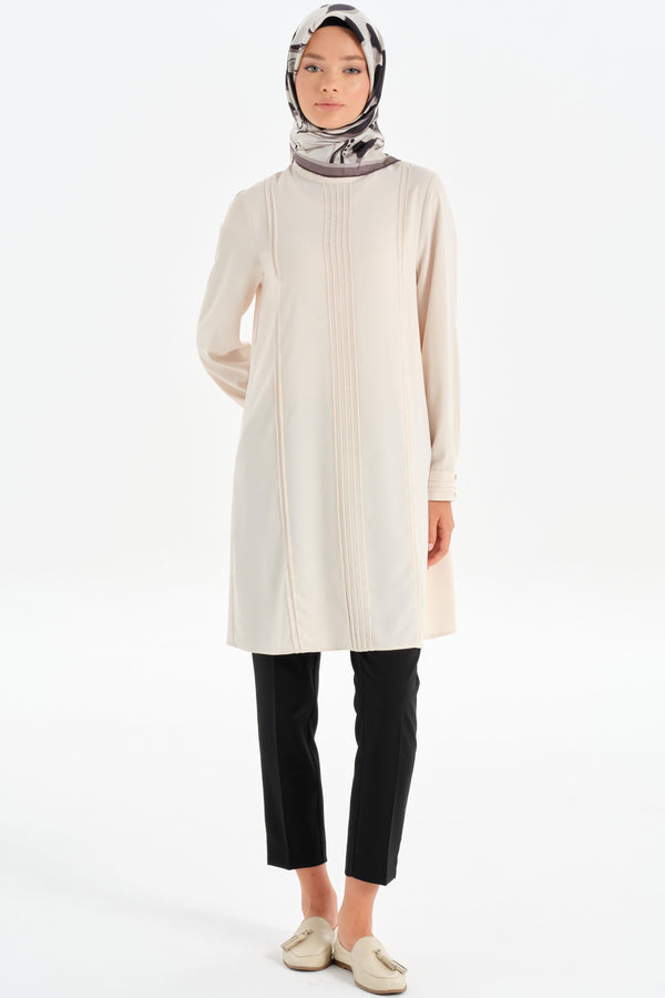 Tunic with Ribbed Stone Stripe Detail - Beige