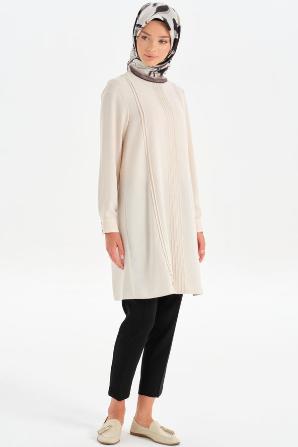 Tunic with Ribbed Stone Stripe Detail - Beige