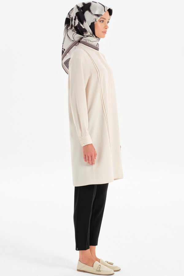 Tunic with Ribbed Stone Stripe Detail - Beige