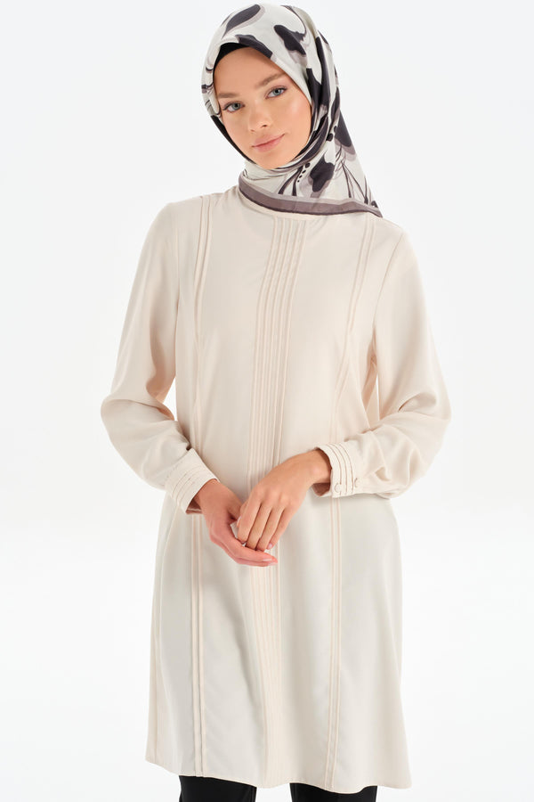 Tunic with Ribbed Stone Stripe Detail - Beige