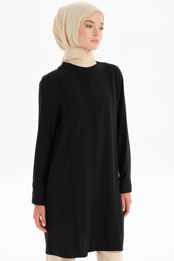 Ribbed Stone Strip Detail Tunic - Black