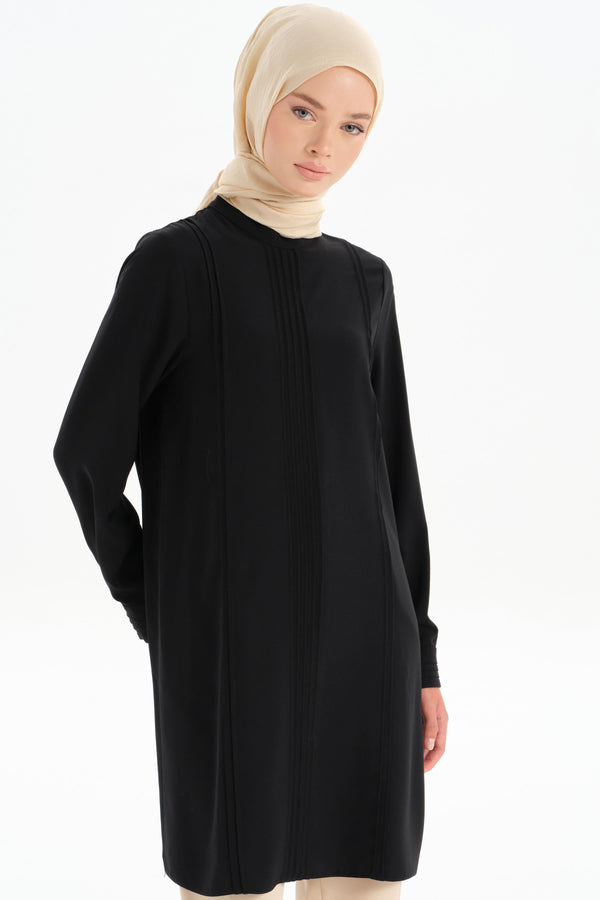 Ribbed Stone Strip Detail Tunic - Black