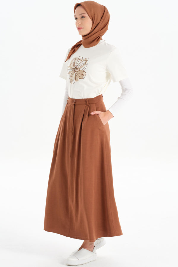 Pleated Detailed Pocket Skirt - Brown