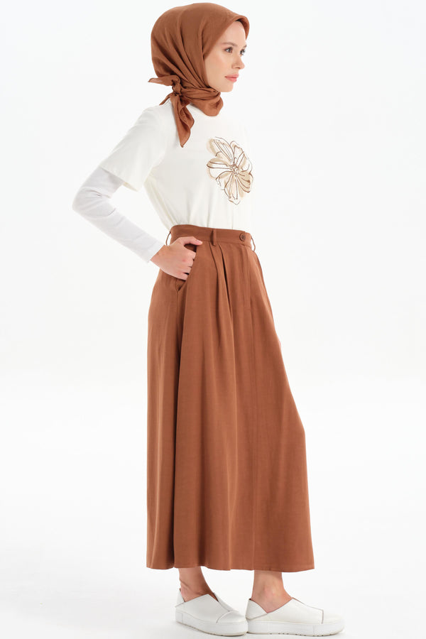 Pleated Detailed Pocket Skirt - Brown