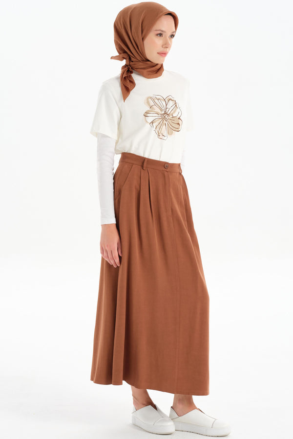 Pleated Detailed Pocket Skirt - Brown