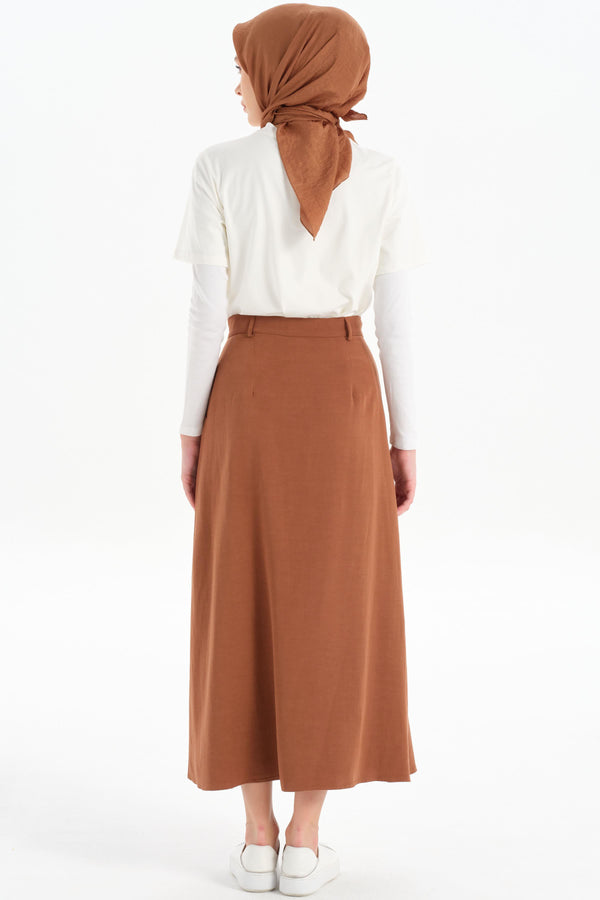 Pleated Detailed Pocket Skirt - Brown