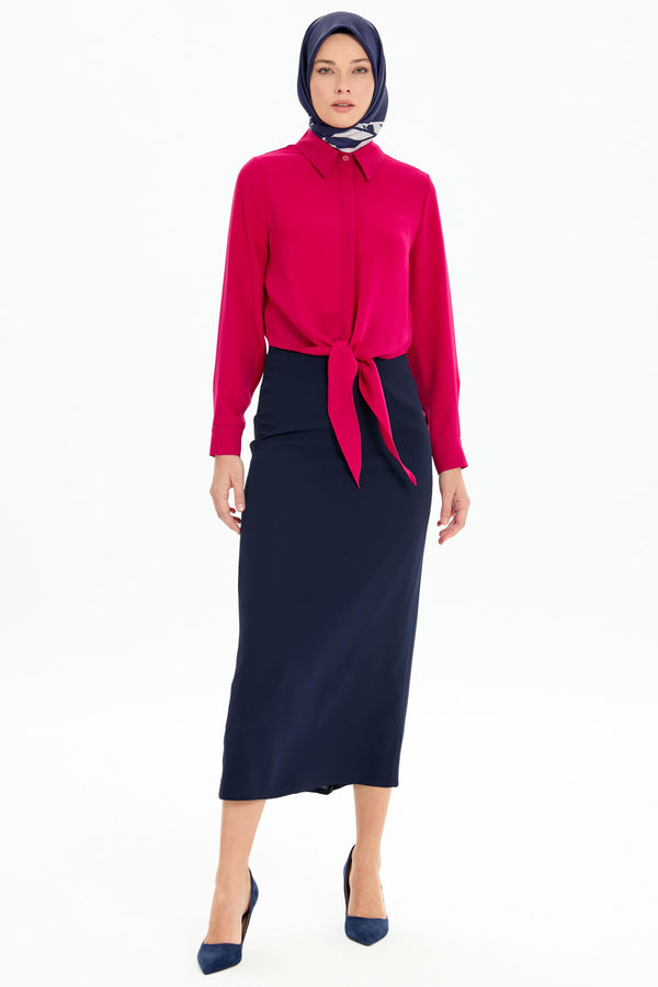 Pleated Detailed Pencil Skirt - Navy Blue