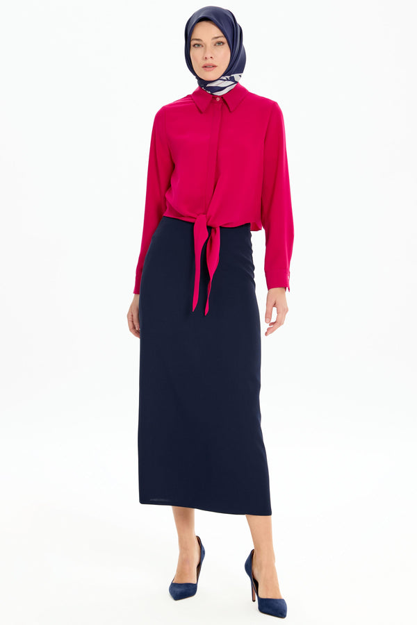 Pleated Detailed Pencil Skirt - Navy Blue