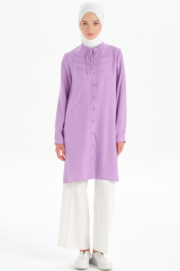 Lace-up Collar Ribbed Detail Tunic - Lilac