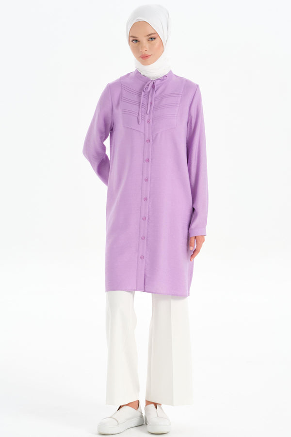 Lace-up Collar Ribbed Detail Tunic - Lilac