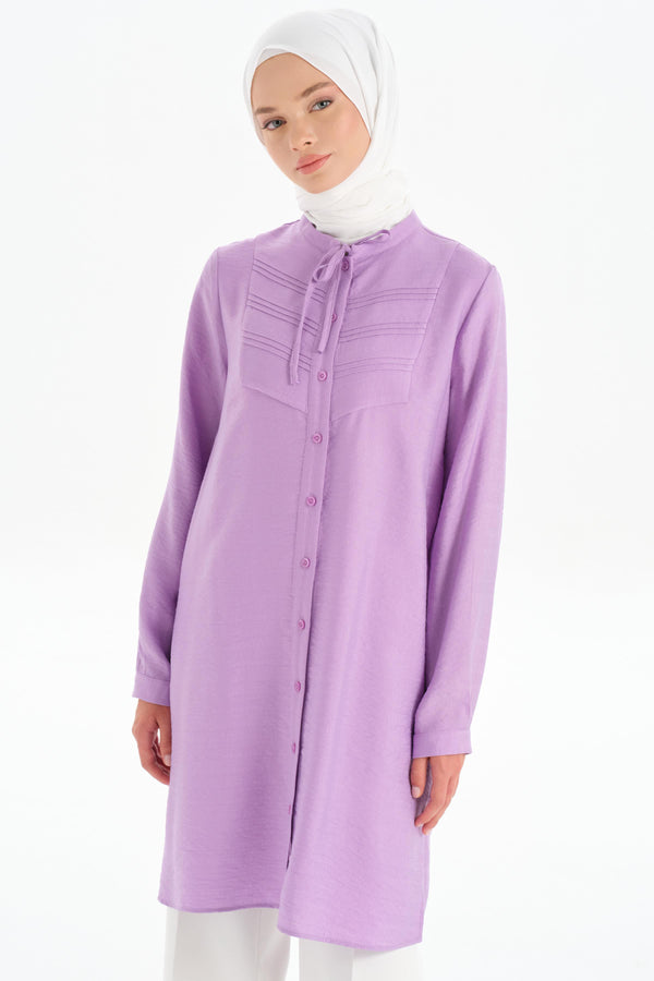 Lace-up Collar Ribbed Detail Tunic - Lilac