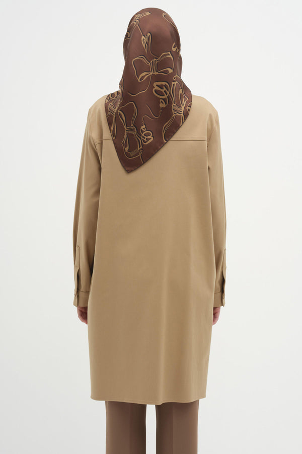 Yaka Ve Robası Nakış Detaylı Canvas Tunik - Camel