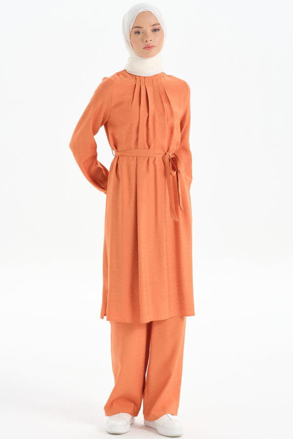 Pleated Collar Tunic Trouser Set - Brick