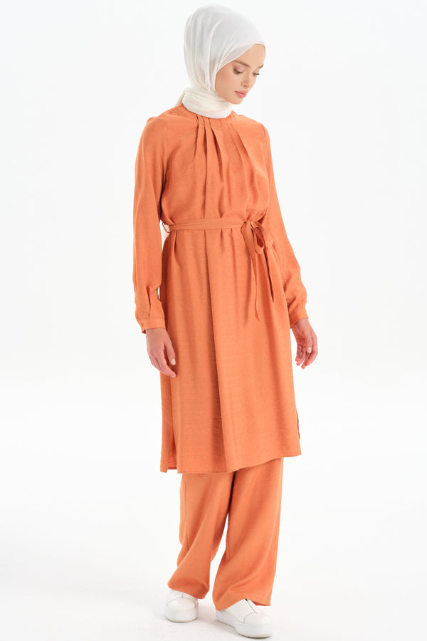 Pleated Collar Tunic Trouser Set - Brick