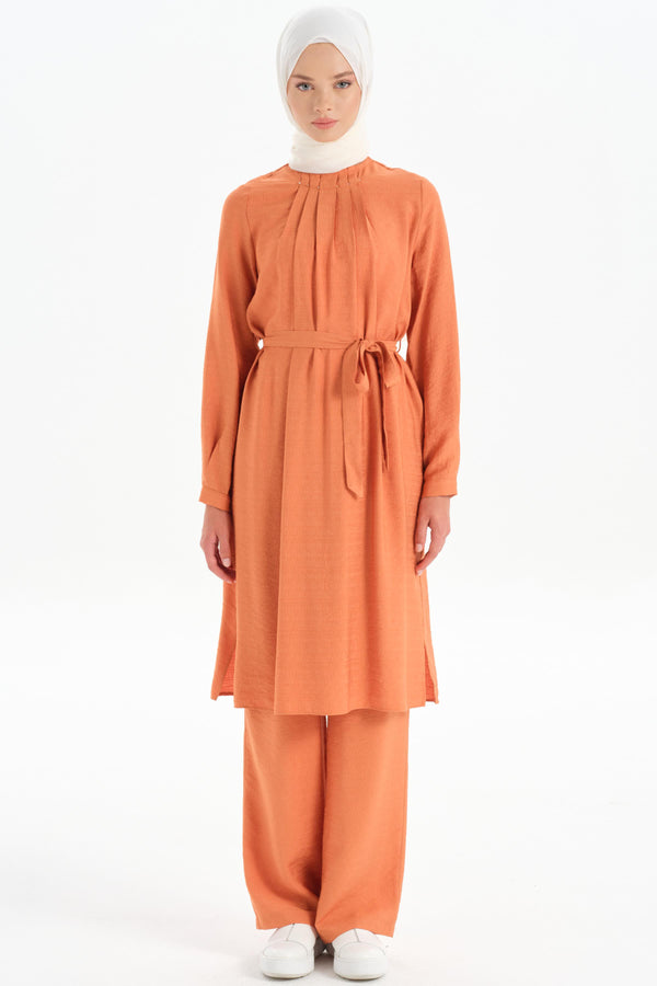 Pleated Collar Tunic Trouser Set - Brick