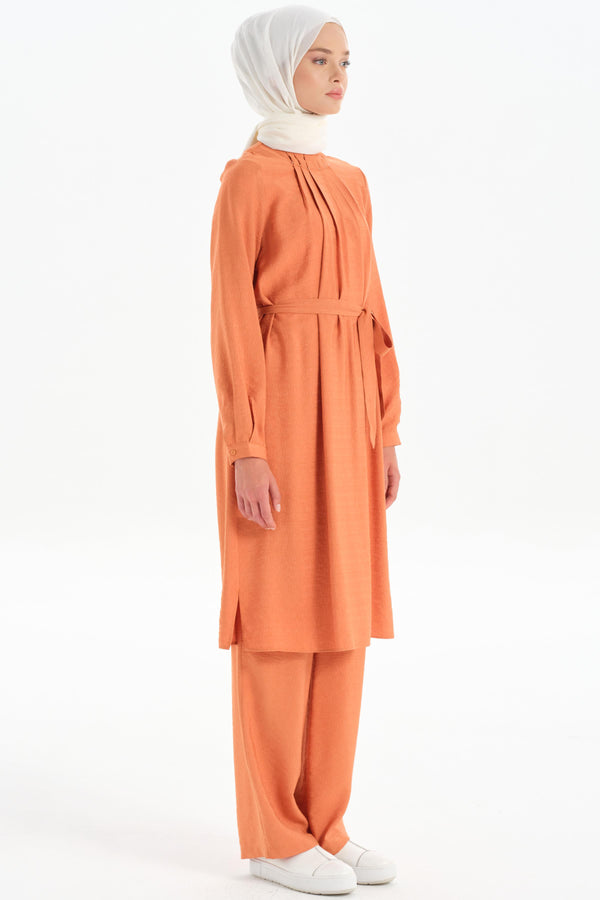 Pleated Collar Tunic Trouser Set - Brick