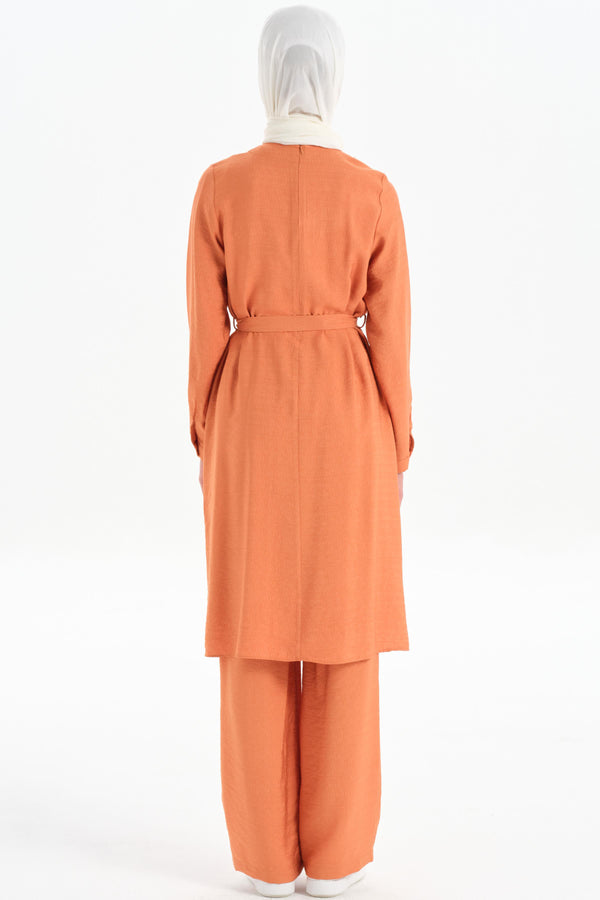 Pleated Collar Tunic Trouser Set - Brick