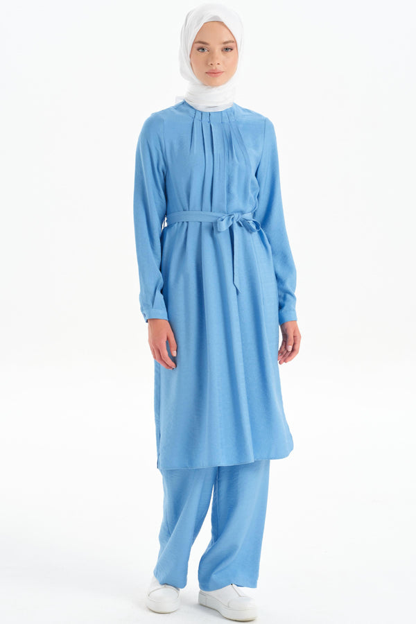 Pleated Collar Tunic Trouser Set - Blue