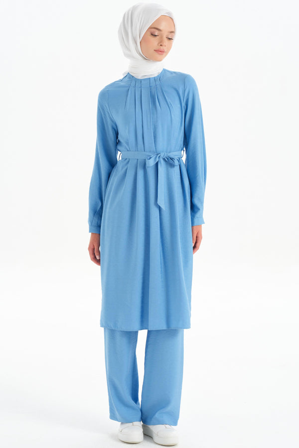 Pleated Collar Tunic Trouser Set - Blue