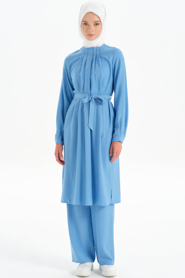 Pleated Collar Tunic Trouser Set - Blue