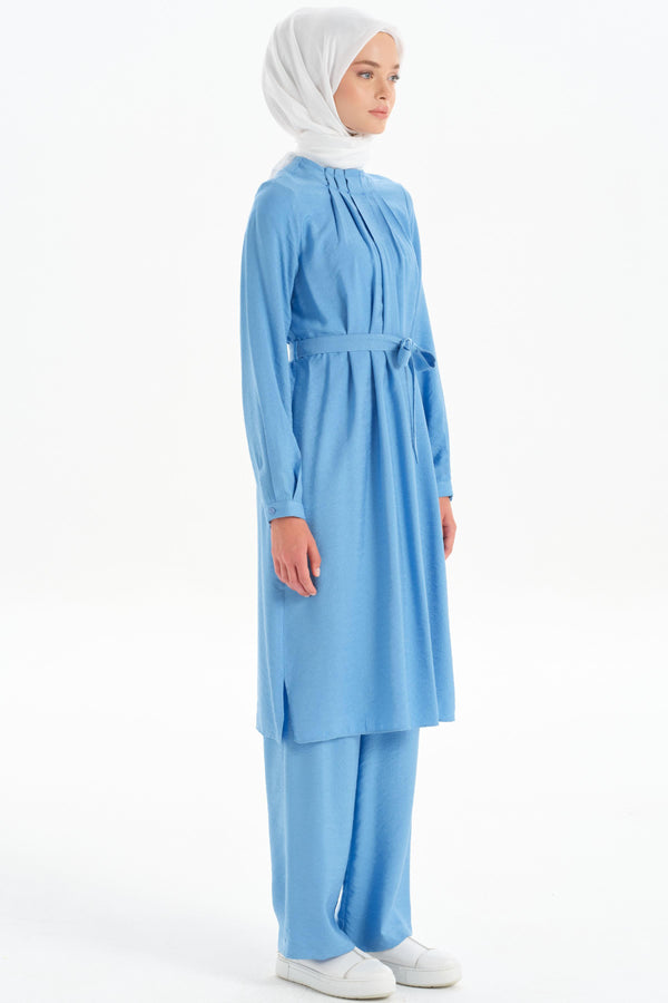 Pleated Collar Tunic Trouser Set - Blue