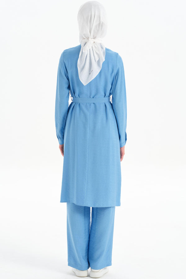 Pleated Collar Tunic Trouser Set - Blue