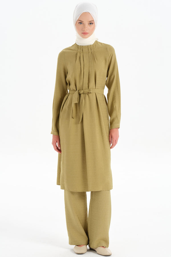 Pleated Collar Tunic Trouser Set - Olive