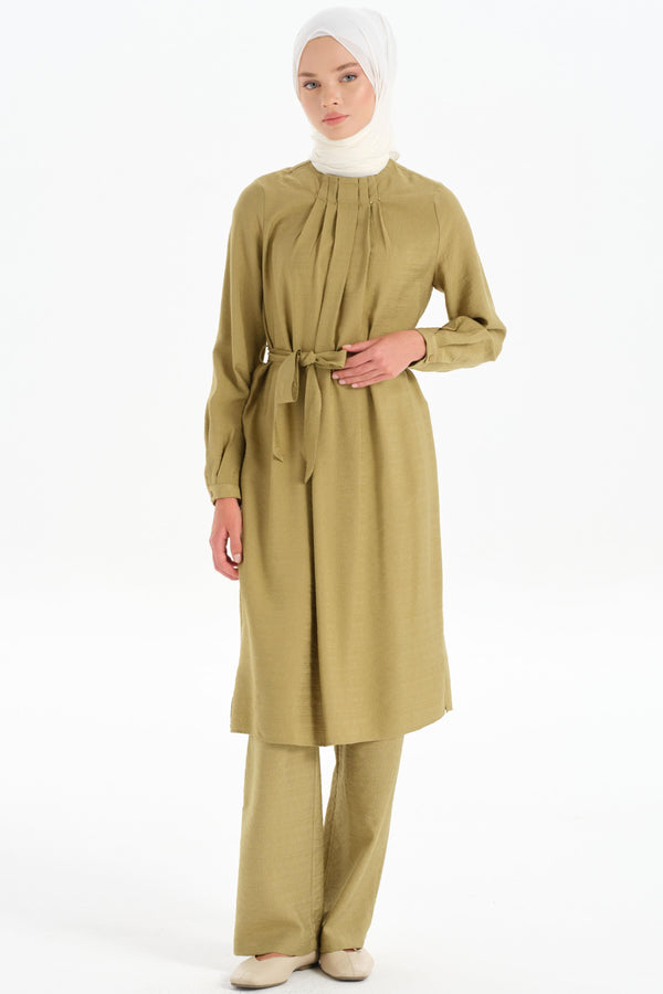 Pleated Collar Tunic Trouser Set - Olive